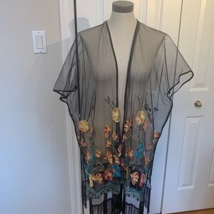 Haute Hippie Black Sheer Kimono with Floral Embroidery